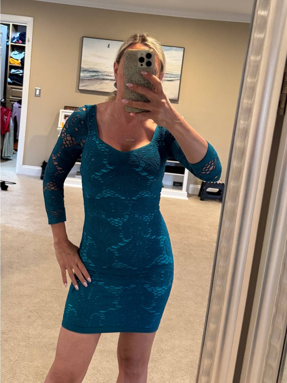 Free people Teal Lace-Pattern Bodycon Dress - Women's
